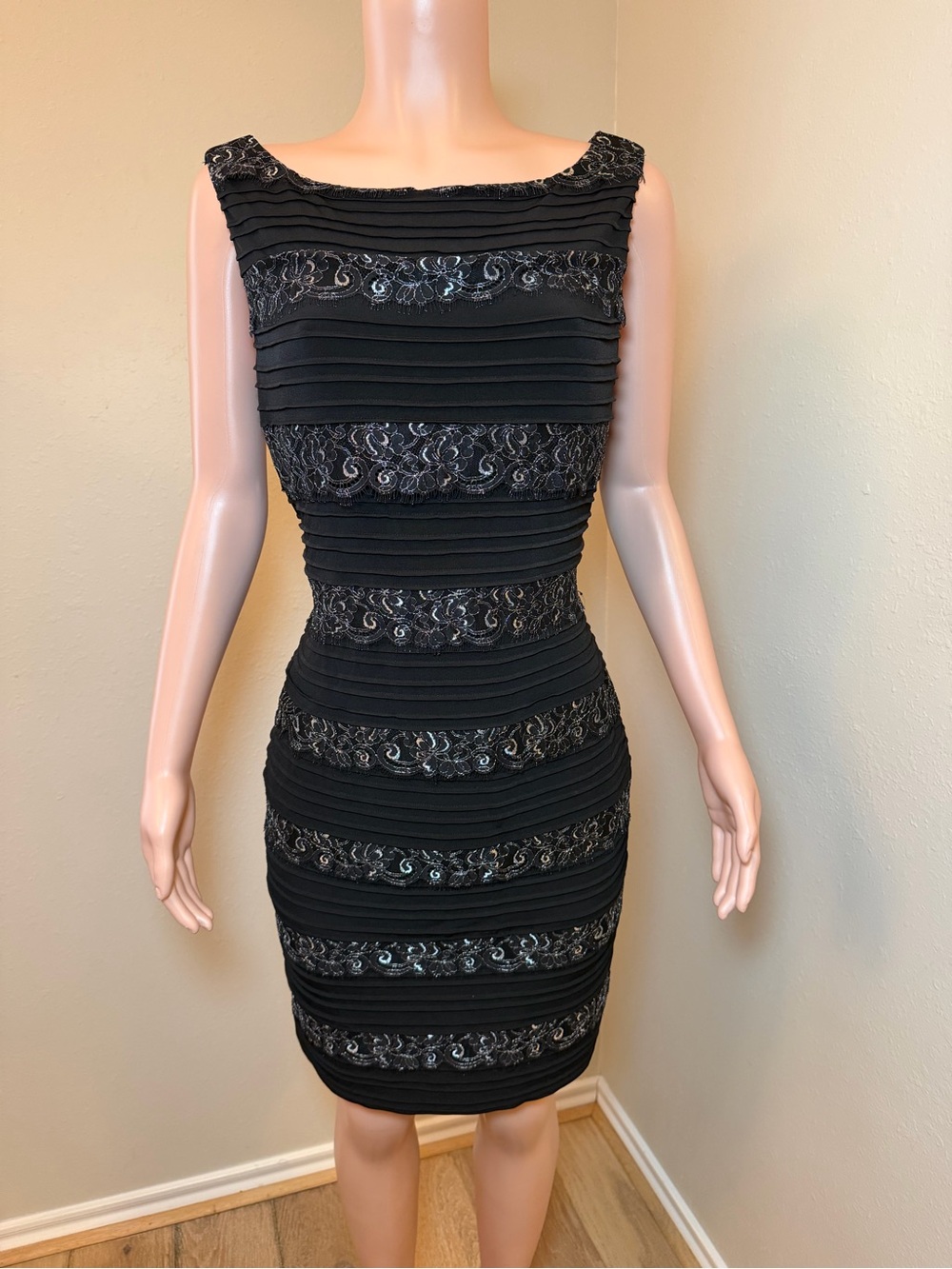 Calvin Klein Black Sleeveless Bandage Dress with Lace Insets